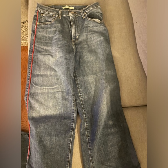 Levi Mile High Cropped Wide Leg Blue Jeans with Red Stripe - Picture 3 of 5